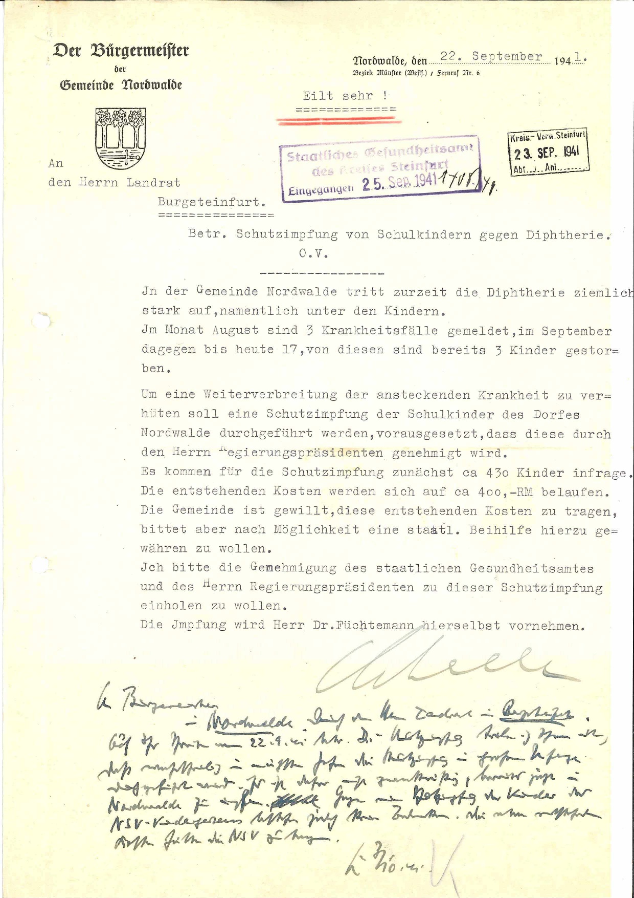 Plan des Bürgermeisters Nordwalde zu Schulimpfungen gegen Diphtherie (1941) Plan des Bürgermeisters Nordwalde zu Schulimpfungen gegen Diphtherie (1941)